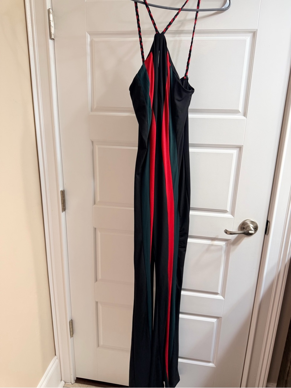 Sleeveless Black Jumpsuit with Red & Dark Green Stripes